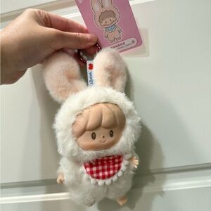 Fluffy White Bunny Plush Toy with Red Checkered Scarf